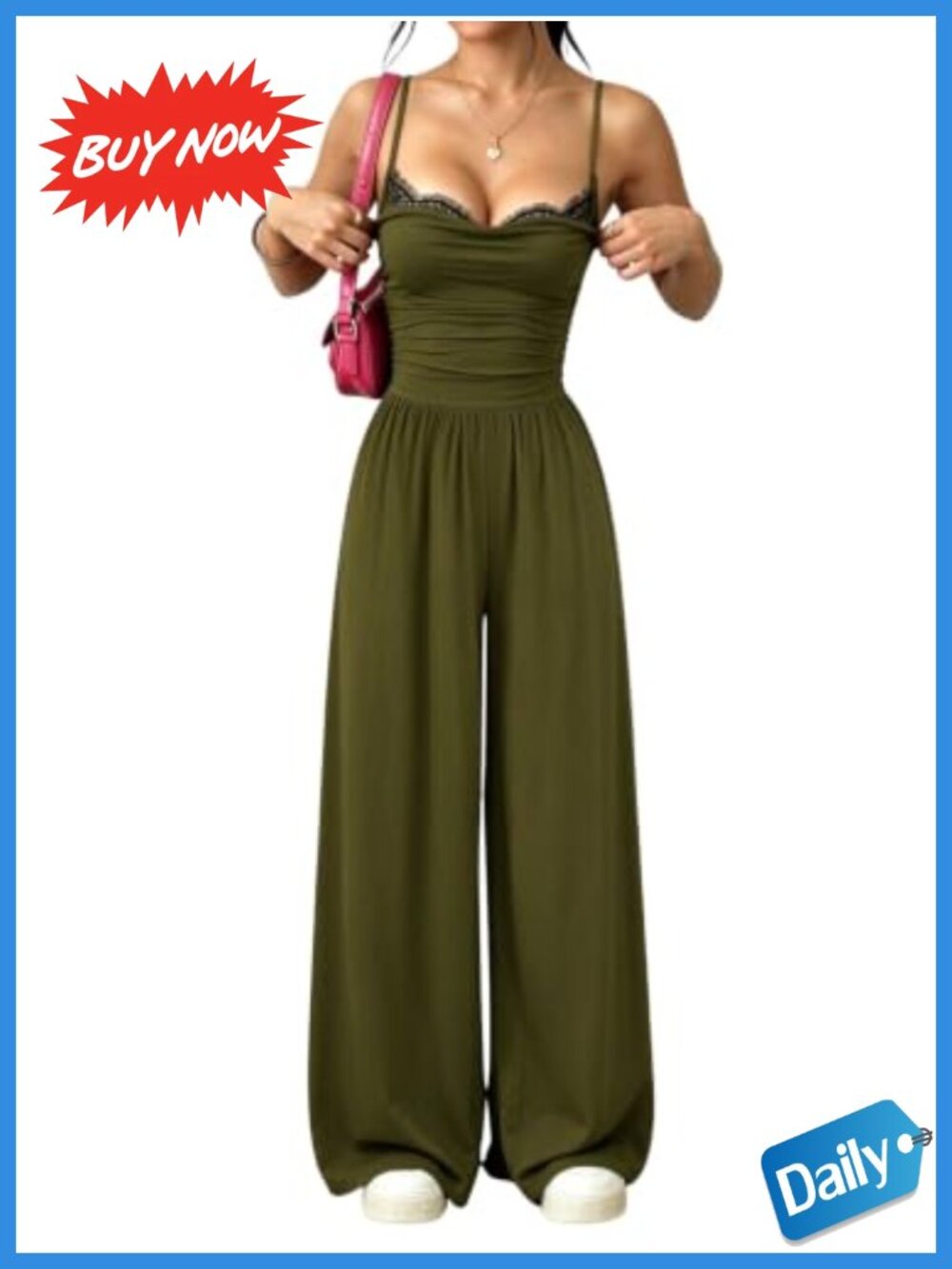 Lace Trim Wide Leg One Piece Jumpsuit Spaghetti Strap Ruched Backless